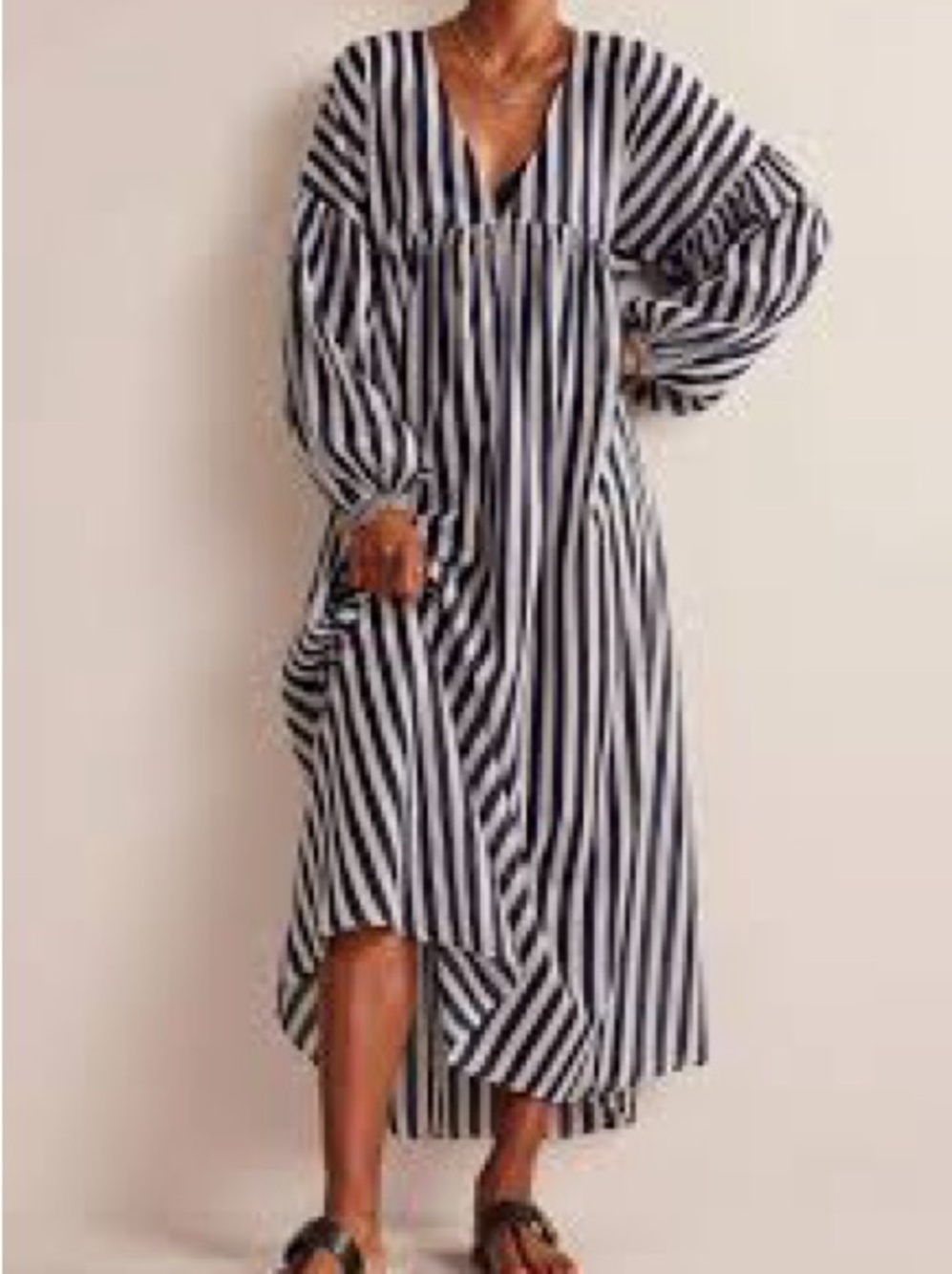 Boden Black & White Vertical-Stripe V-Neck Maxi Dress